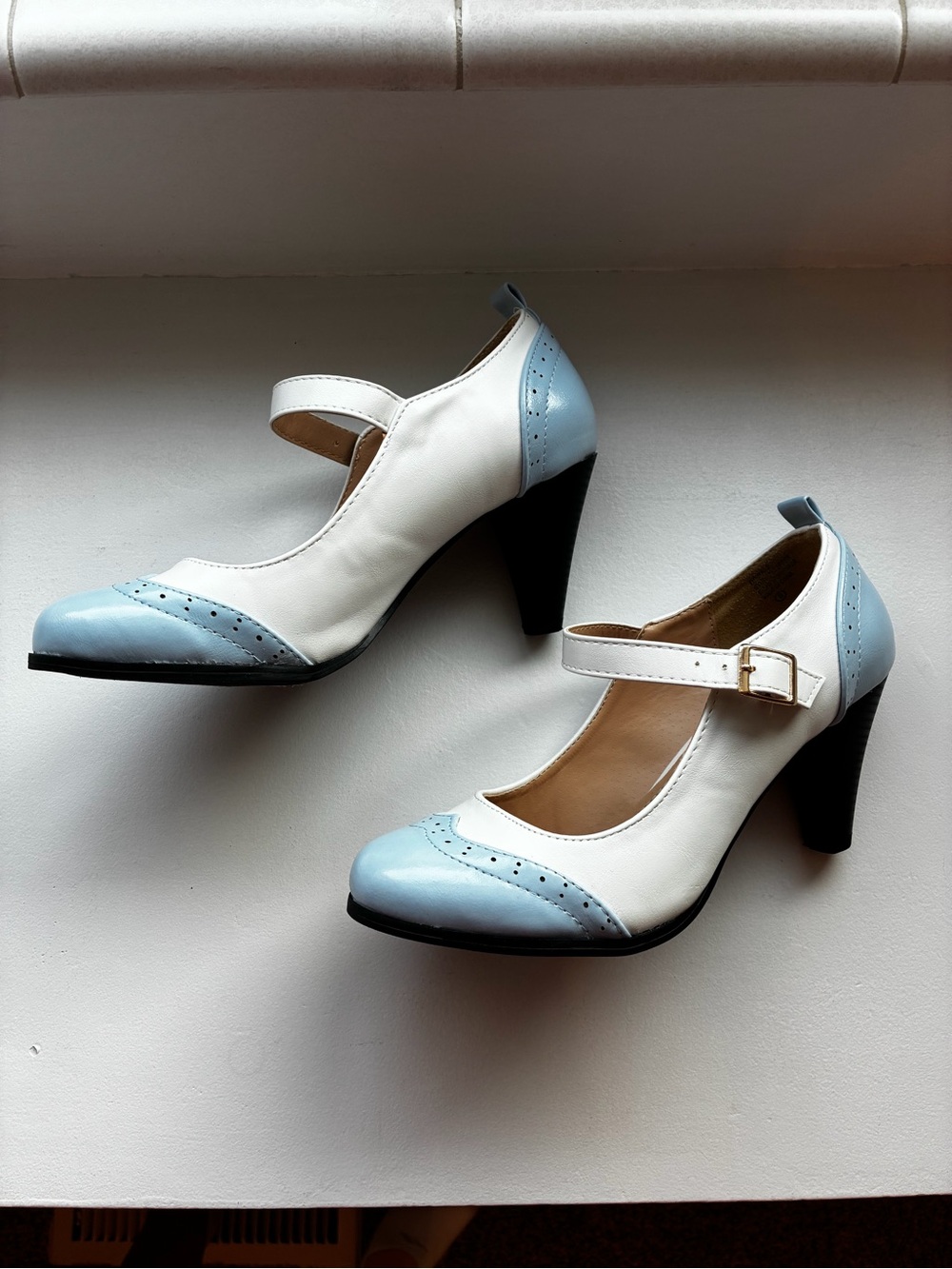 Chase + Chloe Two-Tone Mary Jane Pumps in Light Blue and White - Picture 3 of 8